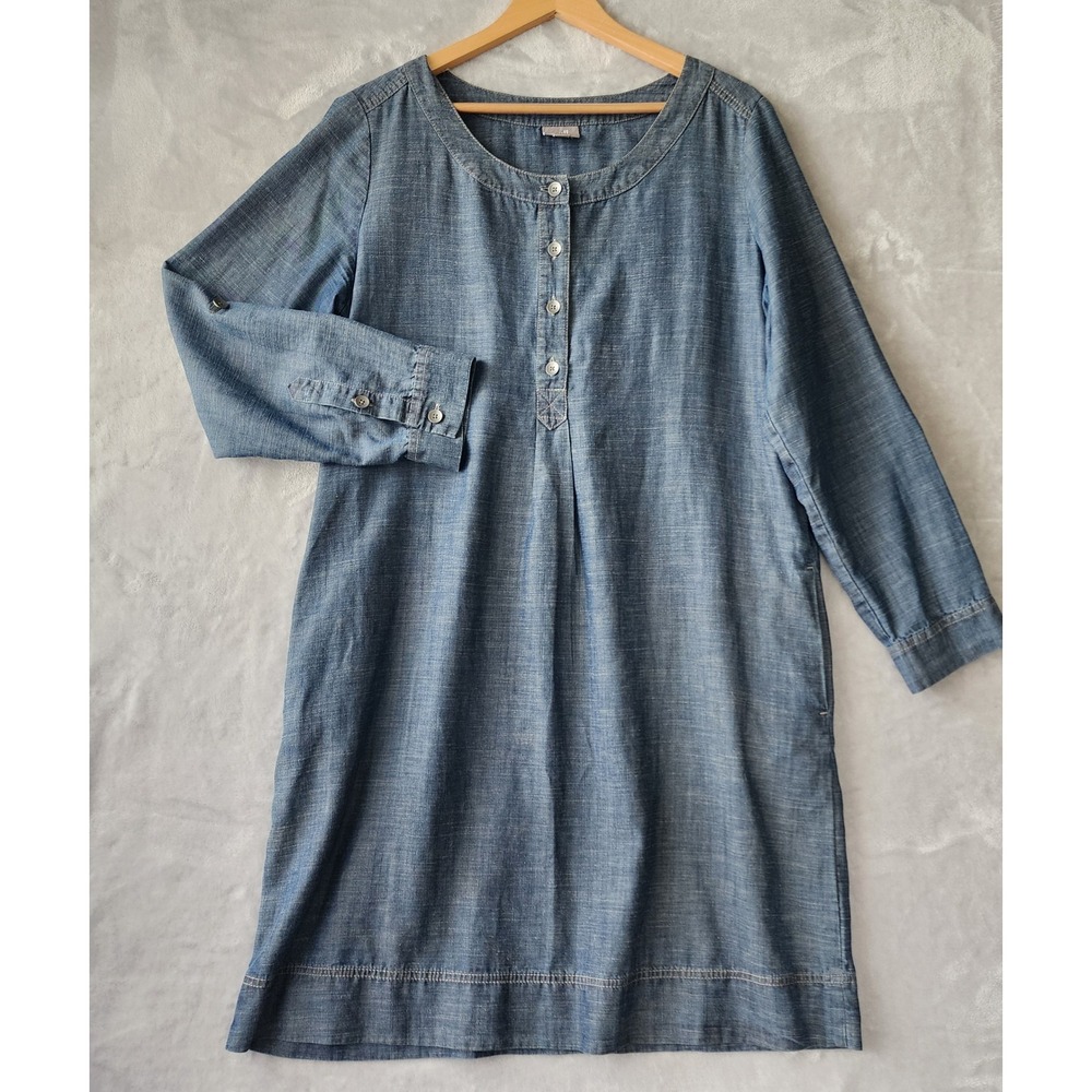 J. Jill Dress Womens Size Large Linen Blend Blue Denim Wash Pockets Tab Sleeves